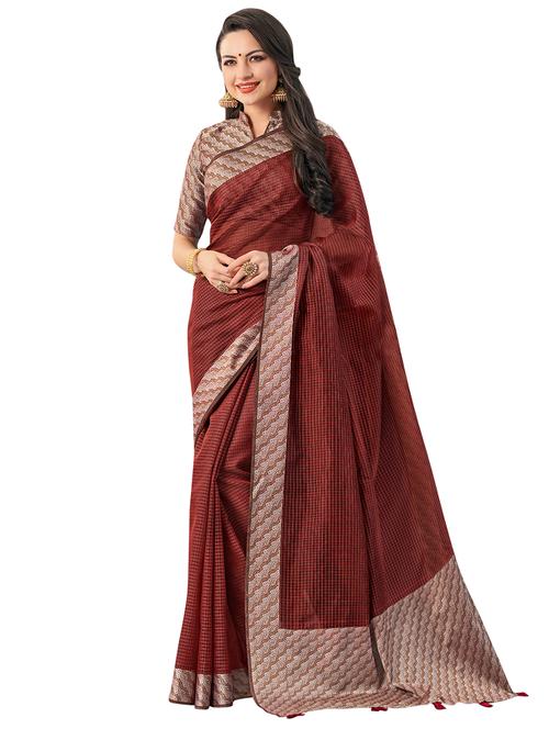 maroon contrast woven border kota silk saree with blouse - 15746949 - Very Small Image - 1