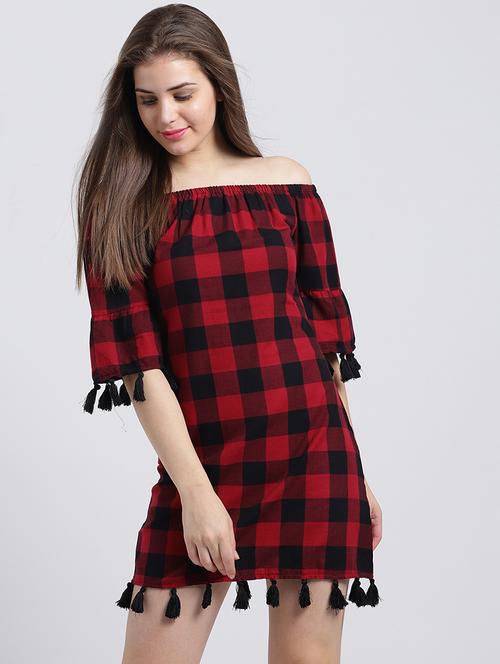 off shoulder checkered shift dress - 15747094 - Very Small Image - 1