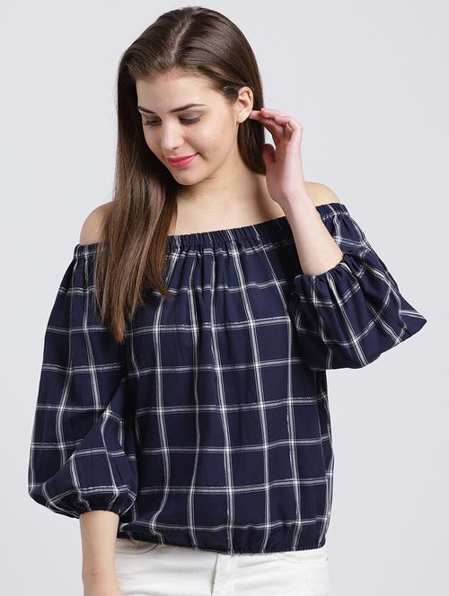 off shoulder checkered blouson top - 15747129 - Very Small Image - 1