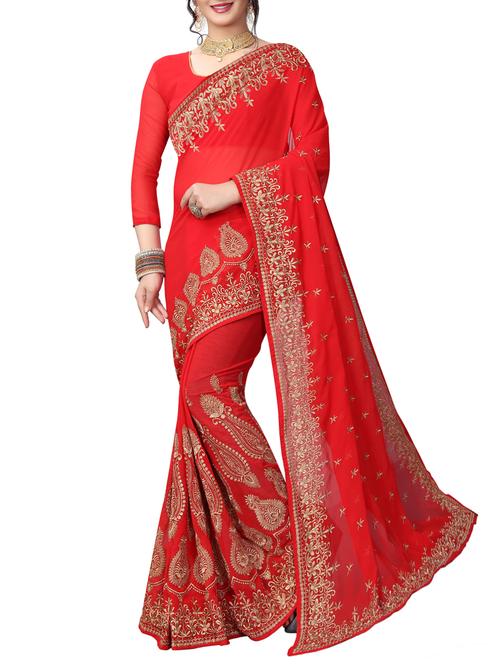 red georgette embroidered saree with blouse - 15747155 - Very Small Image - 1