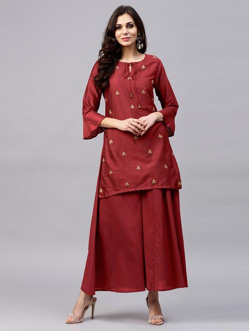 embroidered kurta with palazzo set - 15747596 - Very Small Image - 1