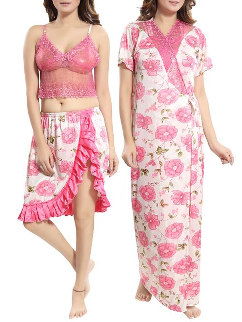 floral lace detail robe top and shorts set - 15748158 - Very Small Image - 1