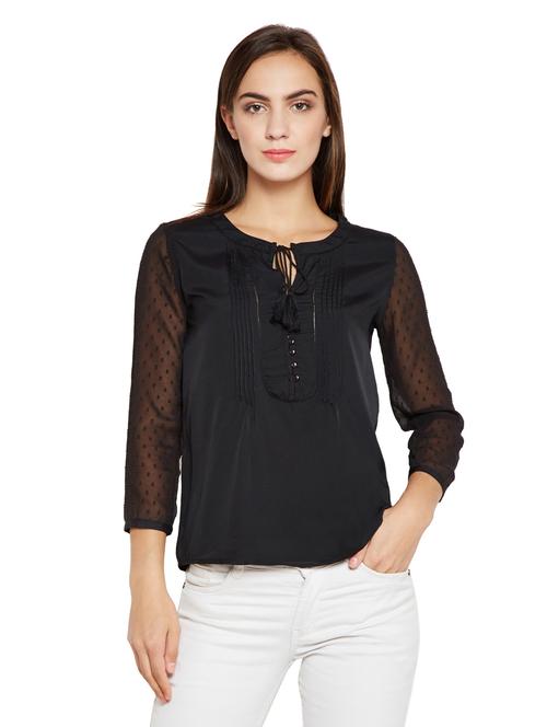 tie up neck button detail top - 15750554 - Very Small Image - 1
