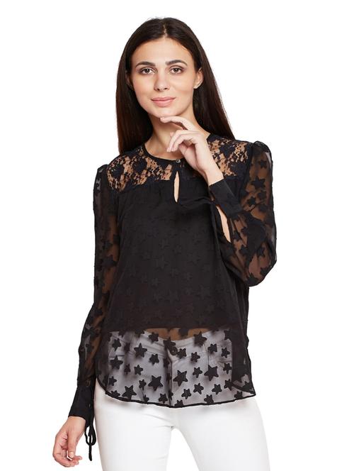 lace yoke tie up detail sleeved tunic - 15750586 - Very Small Image - 1