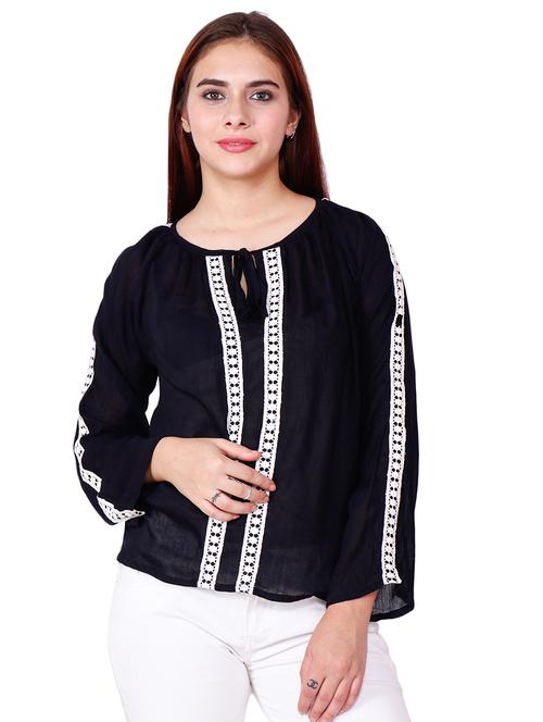 contrast lace tie-up detail top - 15750759 - Very Small Image - 1