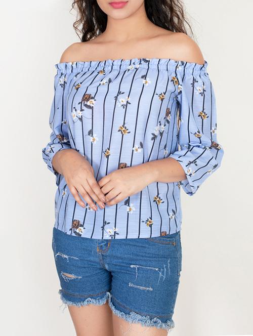 off shoulder floral striped smocked top - 15750888 - Very Small Image - 1