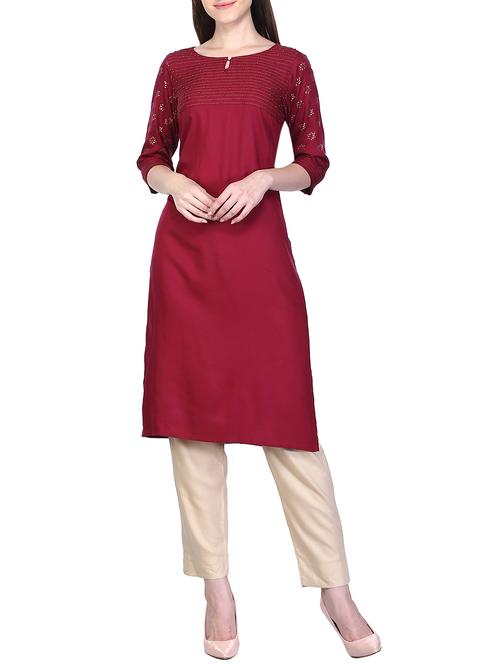 burgundy straight kurta - 15751281 - Very Small Image - 1