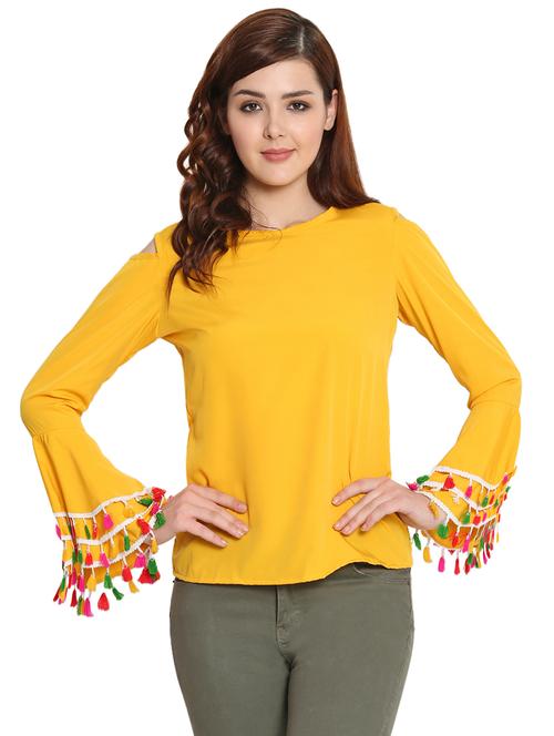 tiered bell sleeved pom-pom detail top - 15752254 - Very Small Image - 1