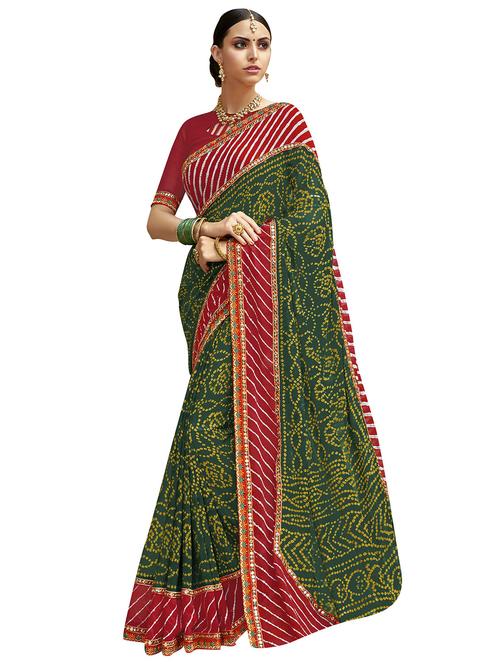contrast mirror border bandhani saree with blouse - 15753004 - Very Small Image - 1