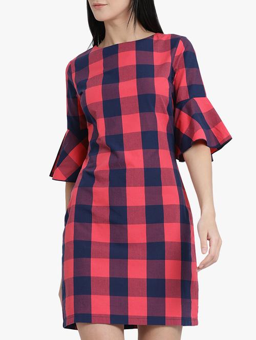 checked flared sleeved sheath dress - 15754012 - Very Small Image - 1