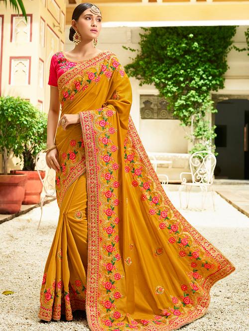 contrast bordered floral embroidered saree with blouse - 15754434 - Very Small Image - 1