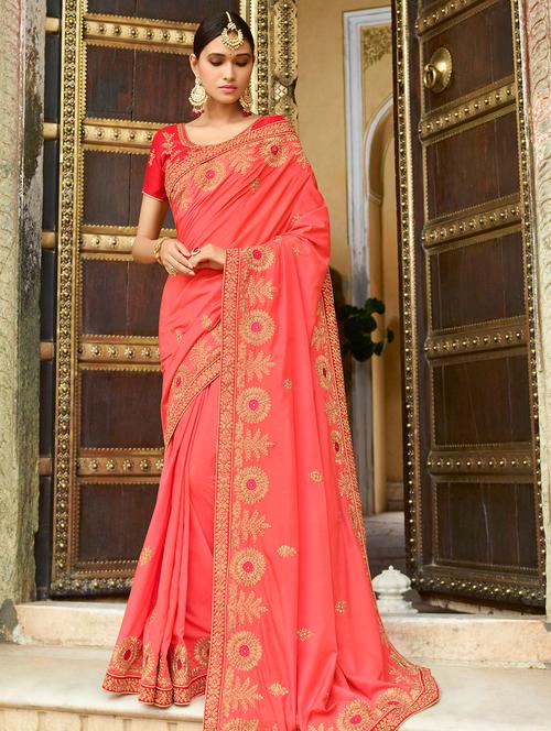 embroidered border zari motif saree with blouse - 15754441 - Very Small Image - 1