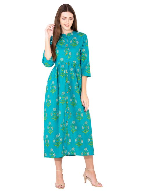 turquoise flared printed kurta - 15755339 - Very Small Image - 1