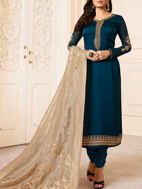 zardosi embroidered semi-stitched churidaar suit - 15755696 - Very Small Image - 1