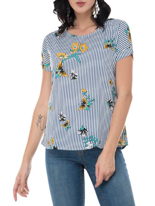 turn-up sleeved floral striped top - 15757409 - Very Small Image - 1