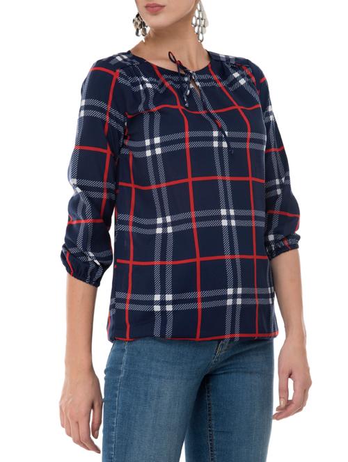 tie-up neck plaid blouson top - 15757411 - Very Small Image - 1