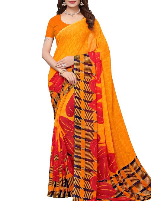 leaf motif printed saree with blouse - 15757424 - Very Small Image - 1