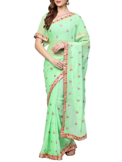 floral embellished pista green saree with blouse - 15757438 - Very Small Image - 1