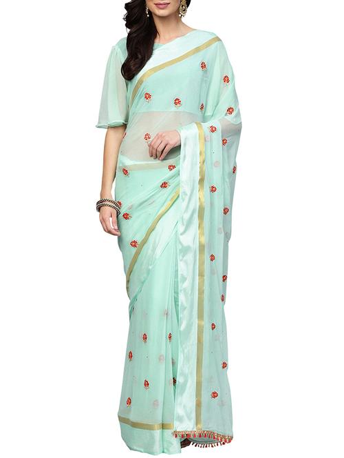 floral embroidered turquoise saree with blouse - 15757444 - Very Small Image - 1