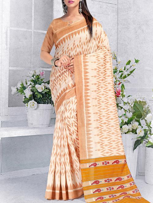 ikat beige saree with blouse - 15757469 - Very Small Image - 1