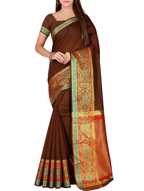 floral zari border brown saree with blouse - 15757505 - Very Small Image - 1