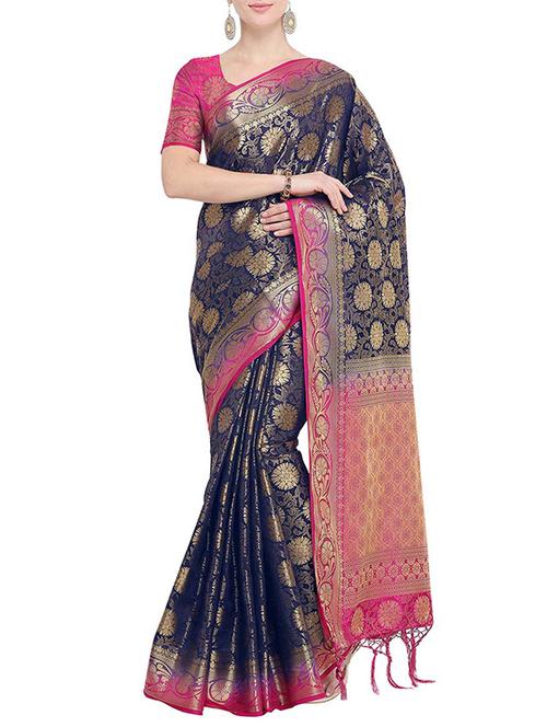 contrast border silk jacquard kanjivaram saree with blouse - 15759548 - Very Small Image - 1