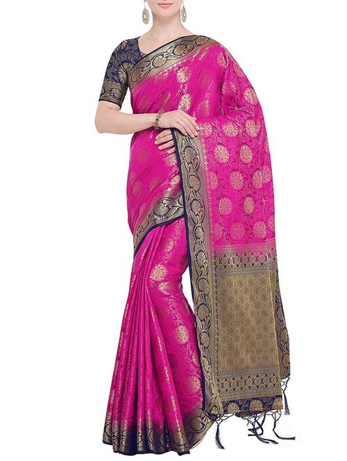 magenta contrast border silk jacquard kanjivaram saree with blouse - 15759550 - Very Small Image - 1