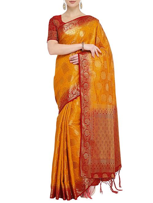 mustard contrast border silk jacquard kanjivaram saree with blouse - 15759551 - Very Small Image - 1