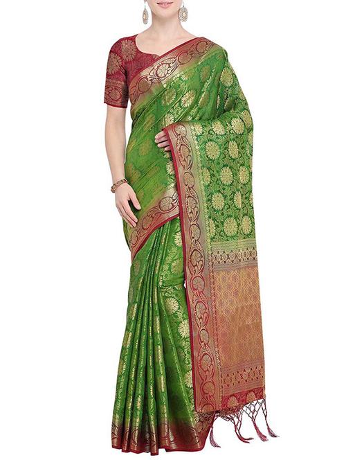 contrast border silk jacquard kanjivaram saree with blouse - 15759554 - Very Small Image - 1