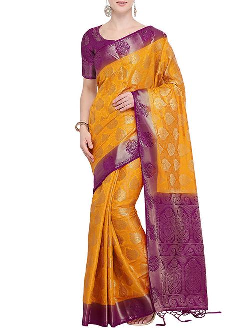 contrast border silk jacquard kanjivaram saree with blouse - 15759562 - Very Small Image - 1