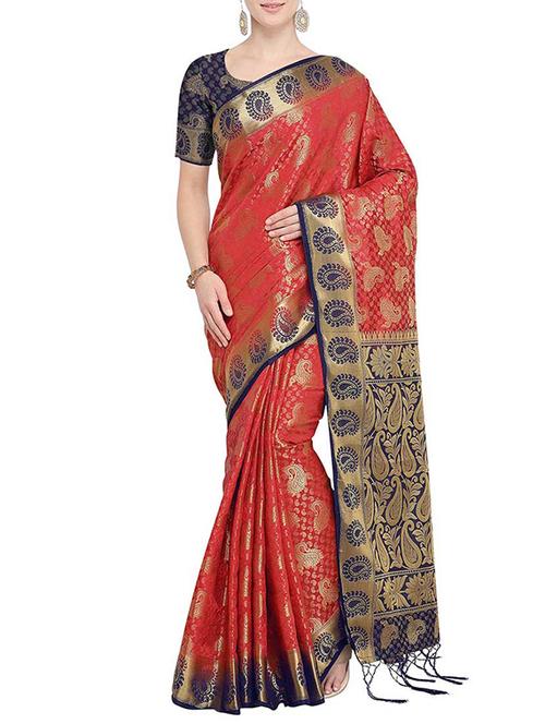 contrast border silk jacquard kanjivaram saree with blouse - 15759567 - Very Small Image - 1
