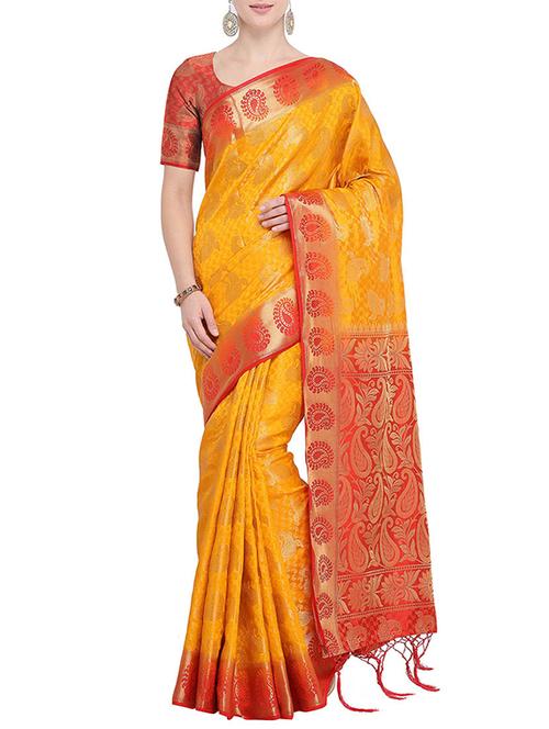 yellow silk kanjivaram saree with blouse - 15759570 - Very Small Image - 1