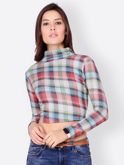mock neck checkered crop top - 15760368 - Very Small Image - 1