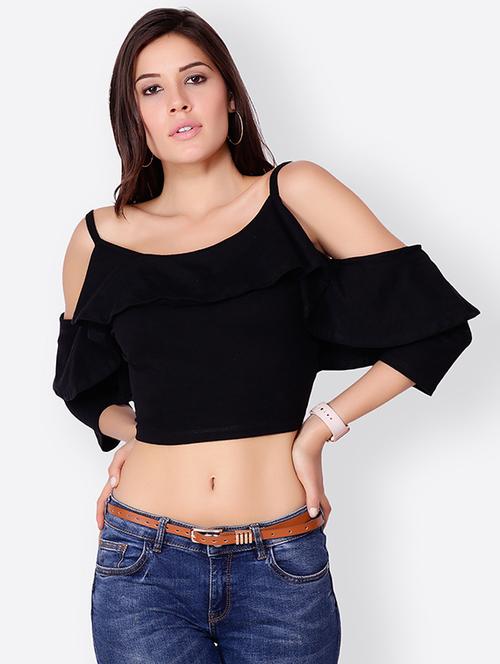 cold shoulder ruffled crop top - 15760370 - Very Small Image - 1