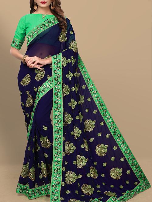 contrast border floral embroidered saree with blouse - 15761952 - Very Small Image - 1