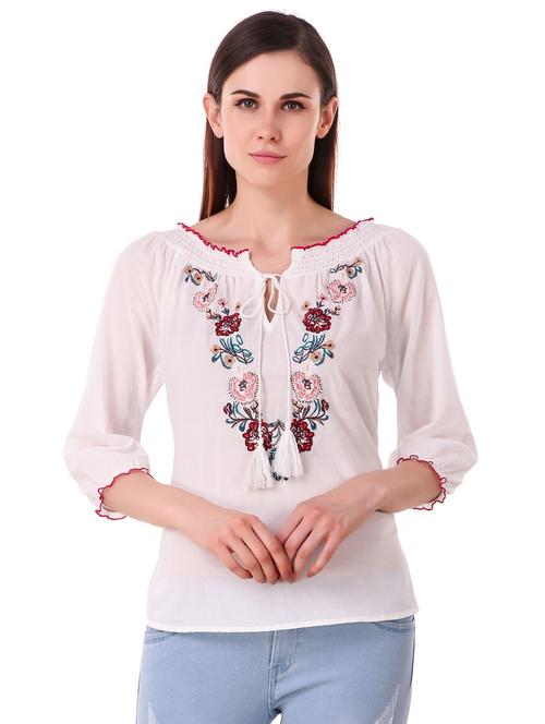 tassel tie-up embroidered smocked top - 15763304 - Very Small Image - 1