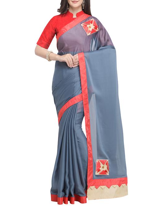 contrast border solid saree with blouse - 15763394 - Very Small Image - 1