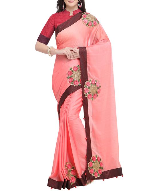 contrast border with patchwork solid saree with blouse - 15763396 - Very Small Image - 1