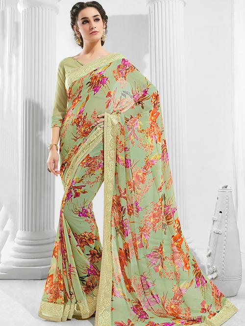 lace bordered pastel printed saree with blouse - 15764892 - Very Small Image - 1