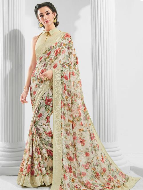 lace bordered pastel printed saree with blouse - 15764894 - Very Small Image - 1