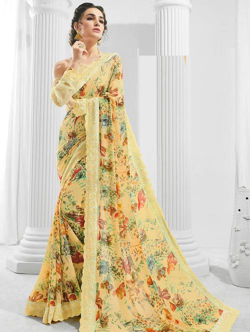 lace bordered pastel printed saree with blouse - 15764895 - Very Small Image - 1