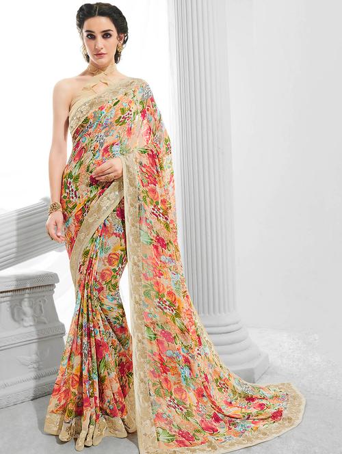 lace bordered pastel printed saree with blouse - 15764898 - Very Small Image - 1