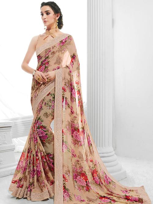 lace bordered pastel printed saree with blouse - 15764899 - Very Small Image - 1