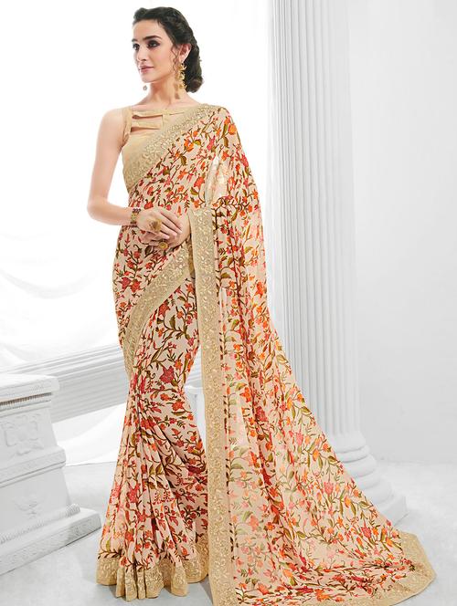 lace bordered pastel printed saree with blouse - 15764900 - Very Small Image - 1