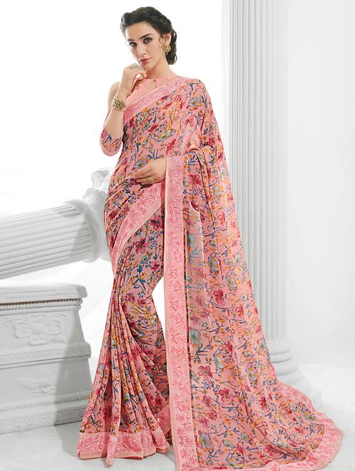 lace bordered pastel printed saree with blouse - 15764902 - Very Small Image - 1