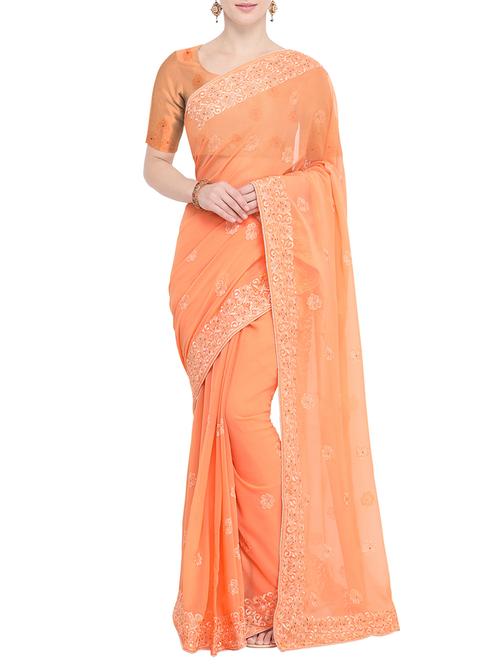 floral motif embroidered solid saree with blouse - 15765418 - Very Small Image - 1