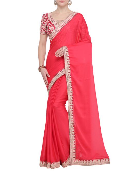 embroidered border solid saree with blouse - 15765436 - Very Small Image - 1
