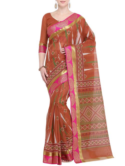 contrast border printed saree with blouse - 15765445 - Very Small Image - 1