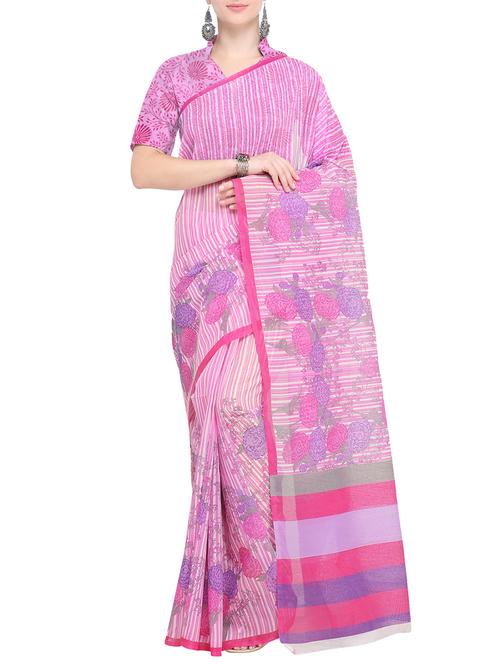 floral printed striped saree with blouse - 15765473 - Very Small Image - 1