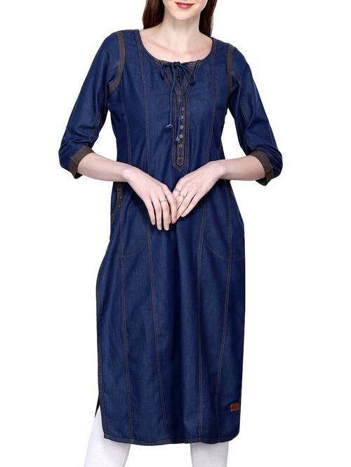 embroidered denim straight kurta - 15765669 - Very Small Image - 1